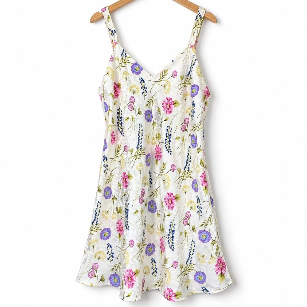 Vintage Floral Silk Nightgown Women XL Cottagecore Romantic Satin Slip Dress Y2K